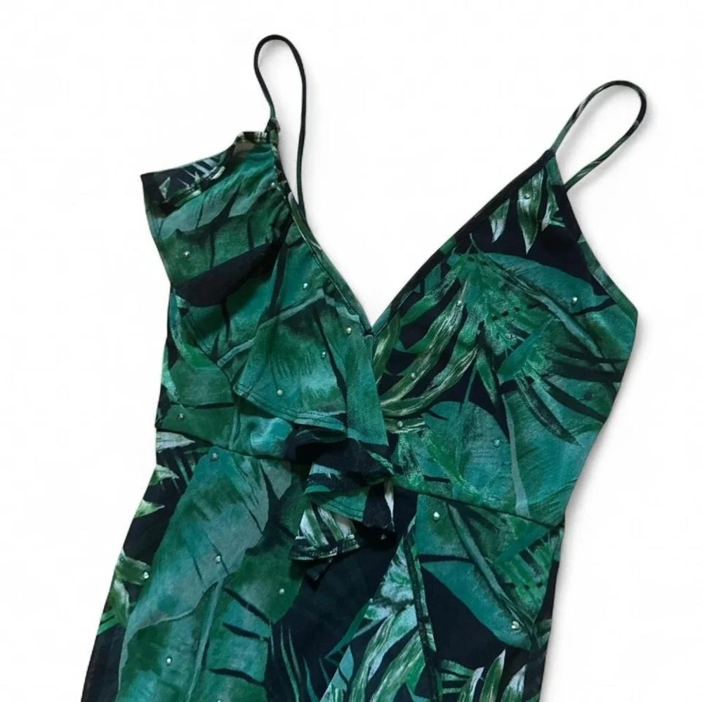 Tropical Print Mesh Maxi Dress Women's Size Small Green Black Bedazzled Bodysuit - Picture 2 of 8
